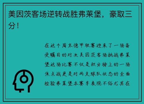 美因茨客场逆转战胜弗莱堡，豪取三分！