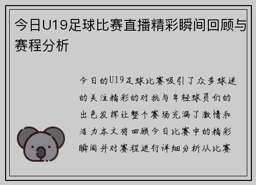 今日U19足球比赛直播精彩瞬间回顾与赛程分析